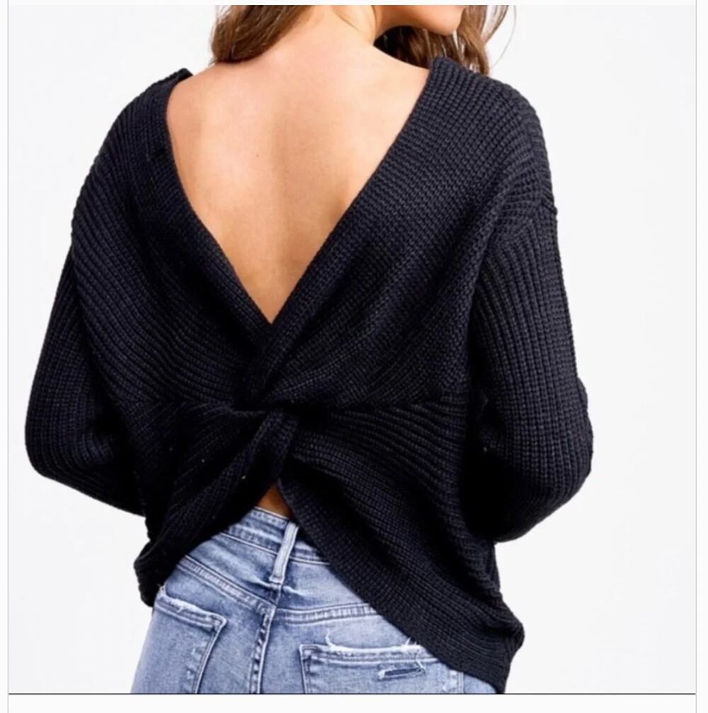 Aerie Twisted Knot Back Knit Sweater Charcoal Black ballet pullover size M